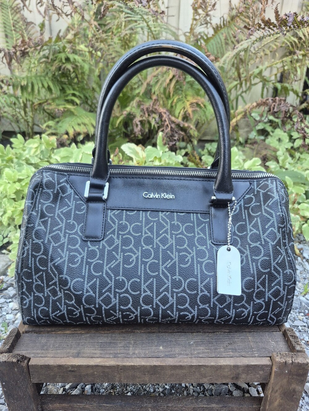 Calvin Klein Black CK Monogram Satchel with Silver Tag Shoulder Bag